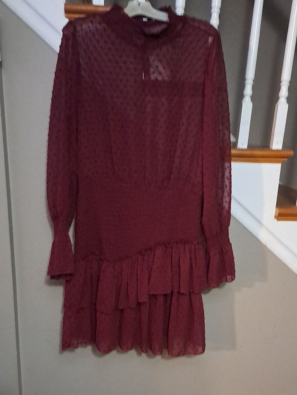 Fashion Nova Burgundy Swiss Dot Ruffle Midi Dress